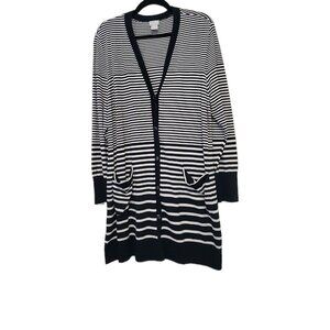 Chico's (3)  Nautical Faded Stripe Long Sweater Cardigan Blue & White XL